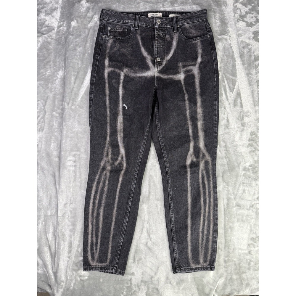 Guess Jeans Upcycled 90's Skinny Mrs. Bones Black Jeans Skeleton 32x26 Buttonfly
